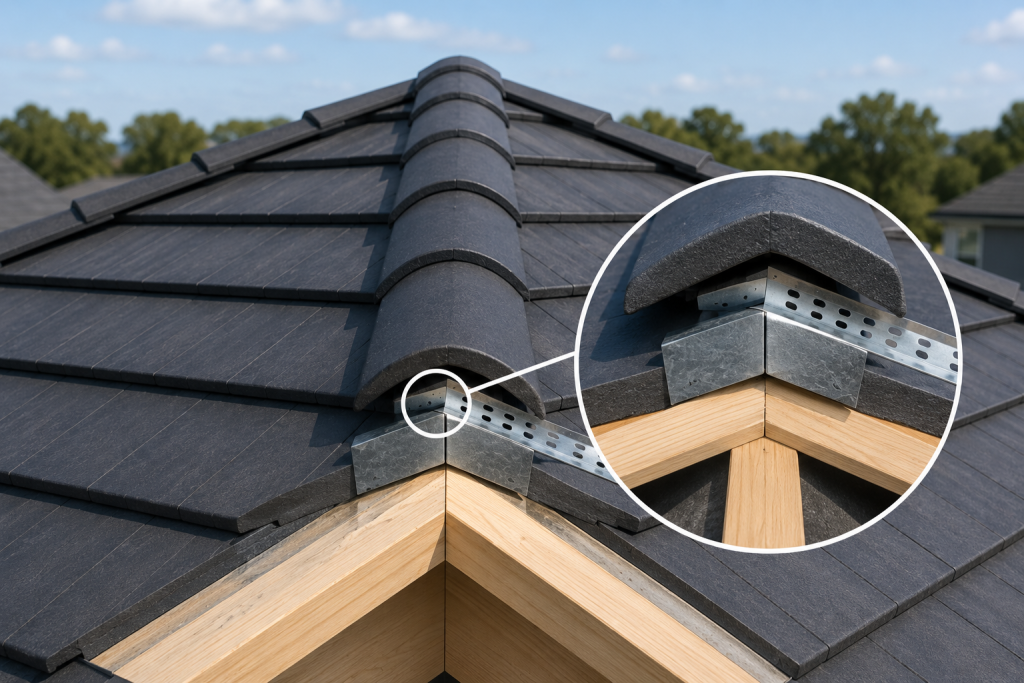 Close-up of a dark tile roof with a hip and ridge anchor system detail.