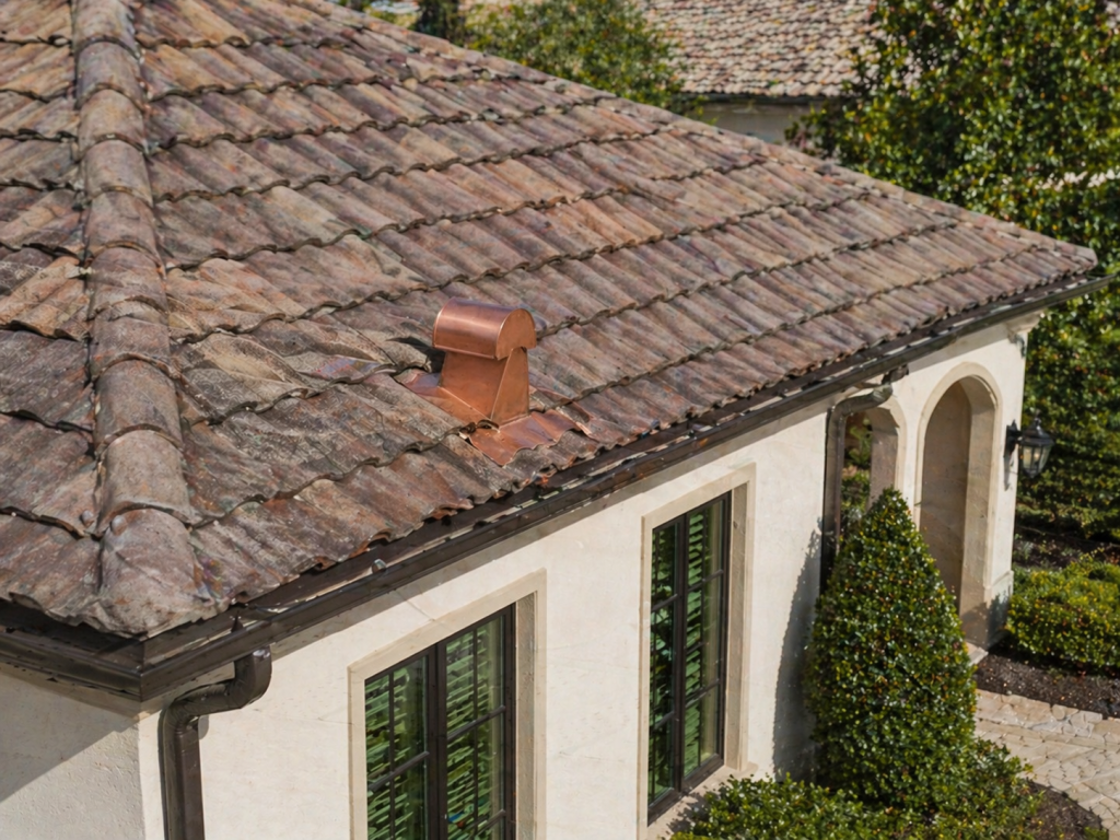 Clay tile roof with copper vent on a stucco home.